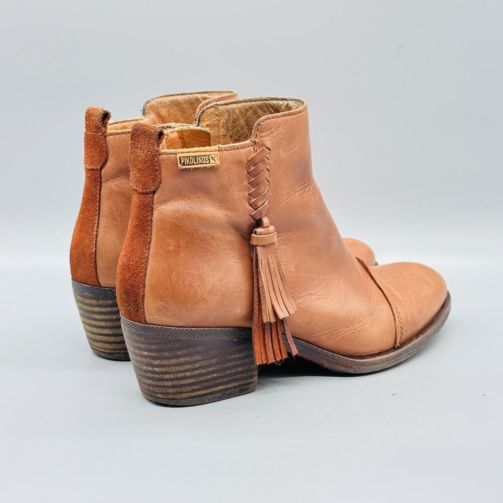 Pikolinos Boots Womens 6.5 Brown Leather Ankle Tassel Zip Block Heel Booties - Picture 7 of 10
